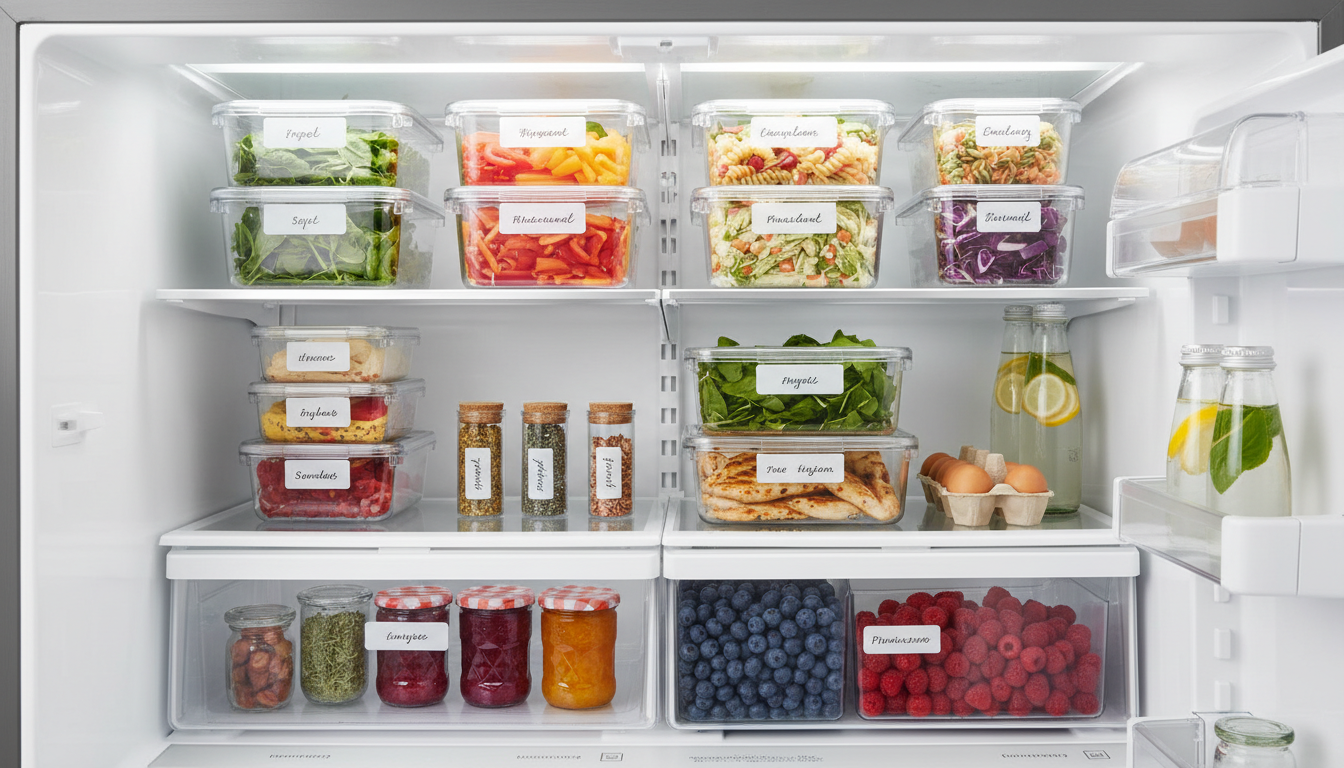 Interior of an organized refrigerator with food stored in transparent containers.