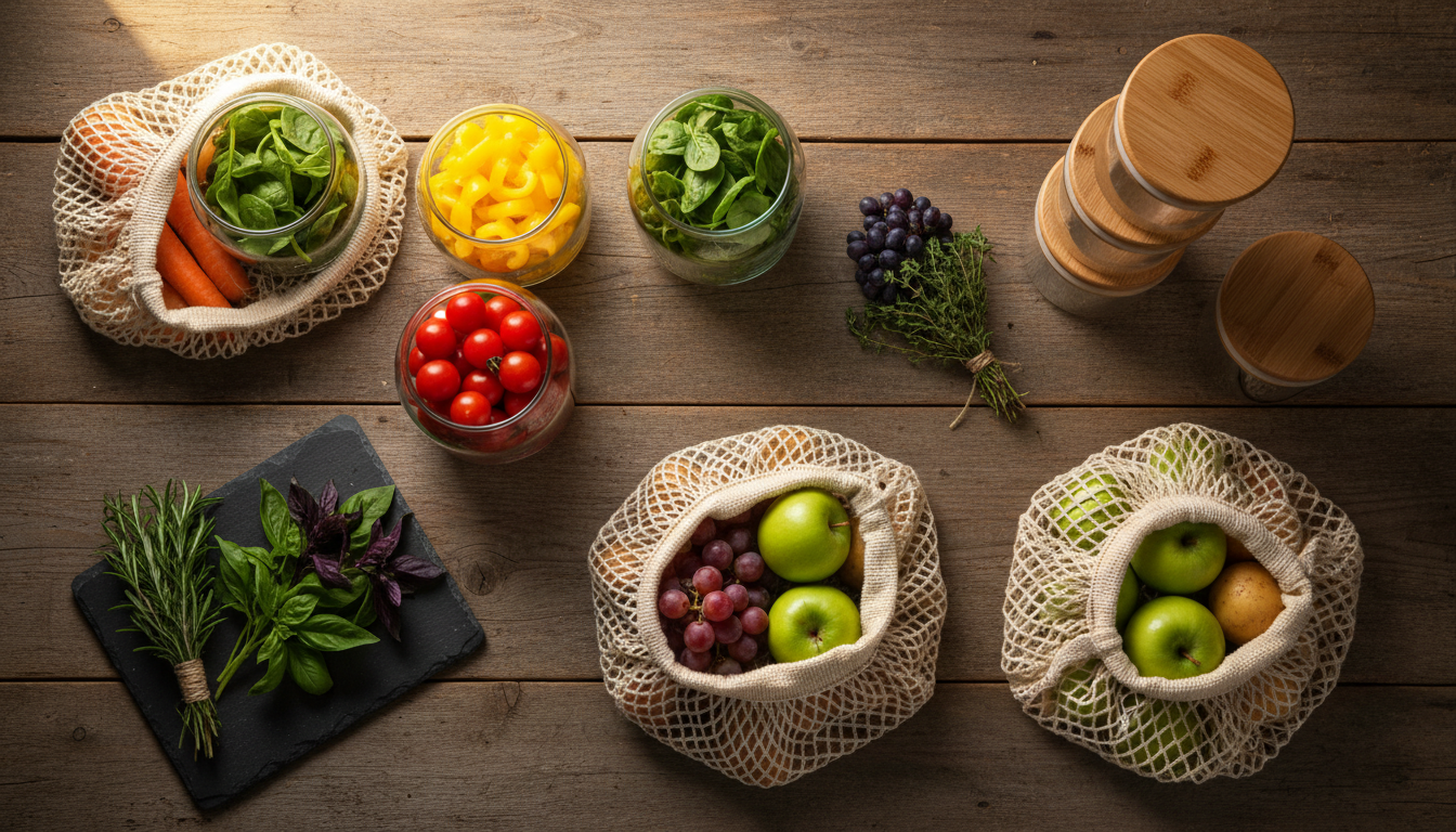Organized kitchen counter with fresh produce in clear storage containers and mesh bags.