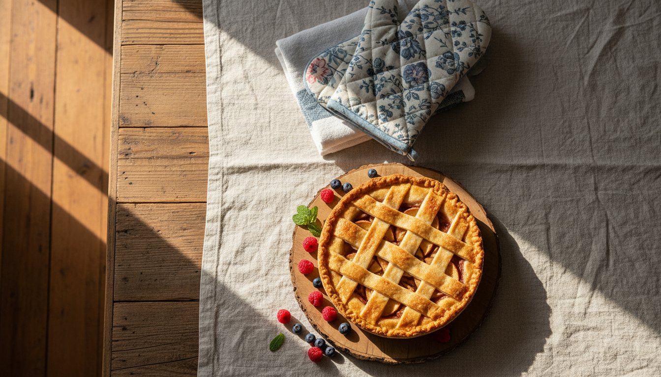 Rustik kitchen table with linen tablecloth, cotton towels, oven mitts, and a freshly baked pie.