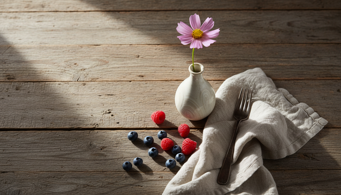 Elegant decorative vase on a rustic table with natural light, styled miniamlistically.